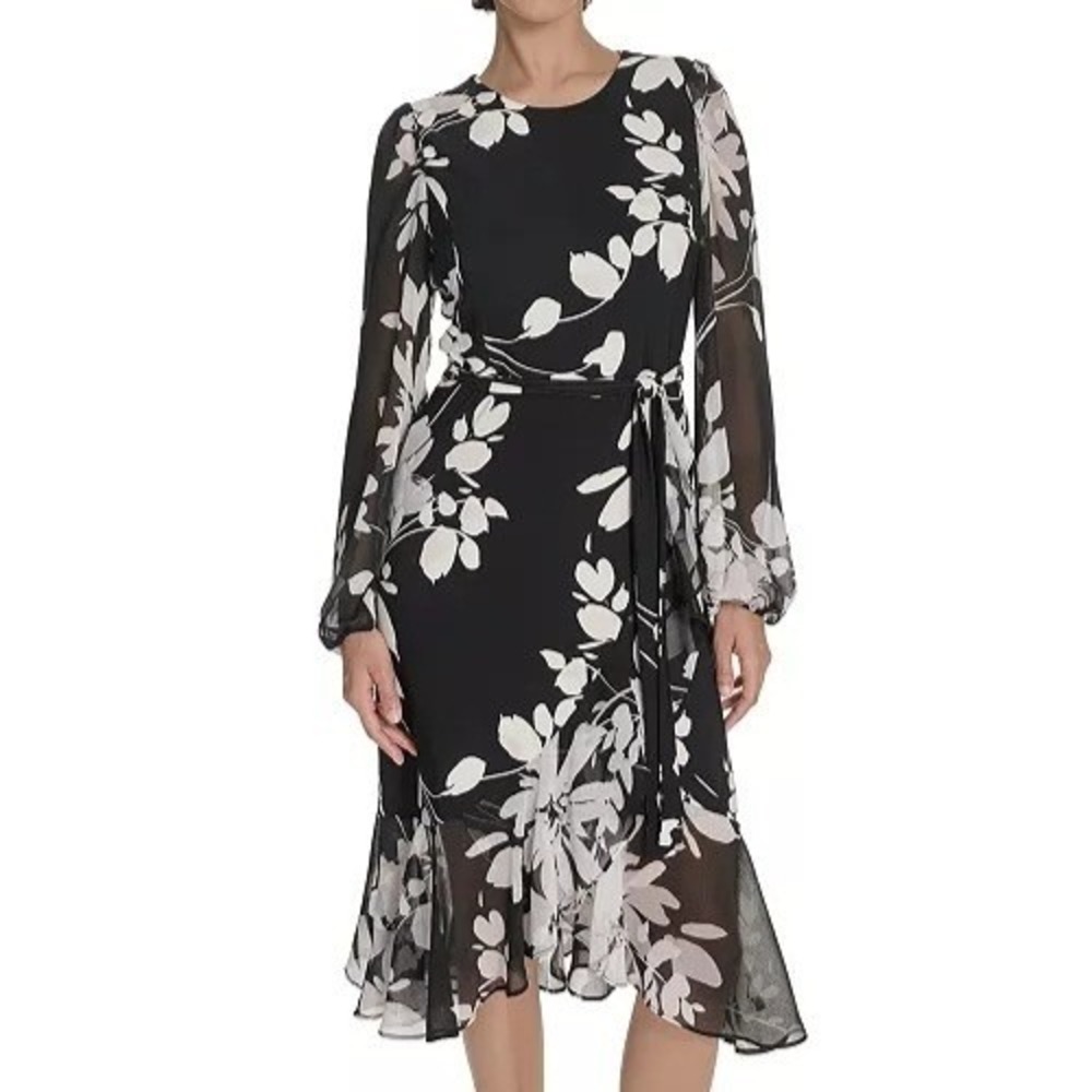 Tommy Hilfiger Chiffon Long Sleeve Floral Black Midi Dress Womens Size 6 NWT